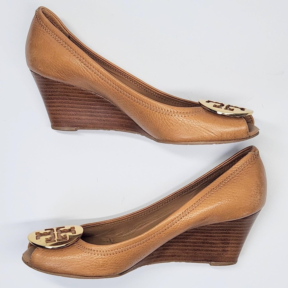 Tory Burch Shoes Womens Size 9** Brown Leather Peep Toe Wedge Logo Pumps - Picture 14 of 15